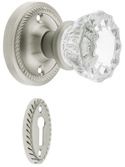 Rope Rosette Mortise Lock Set With Fluted Crystal Door Knobs in Satin Nickel.